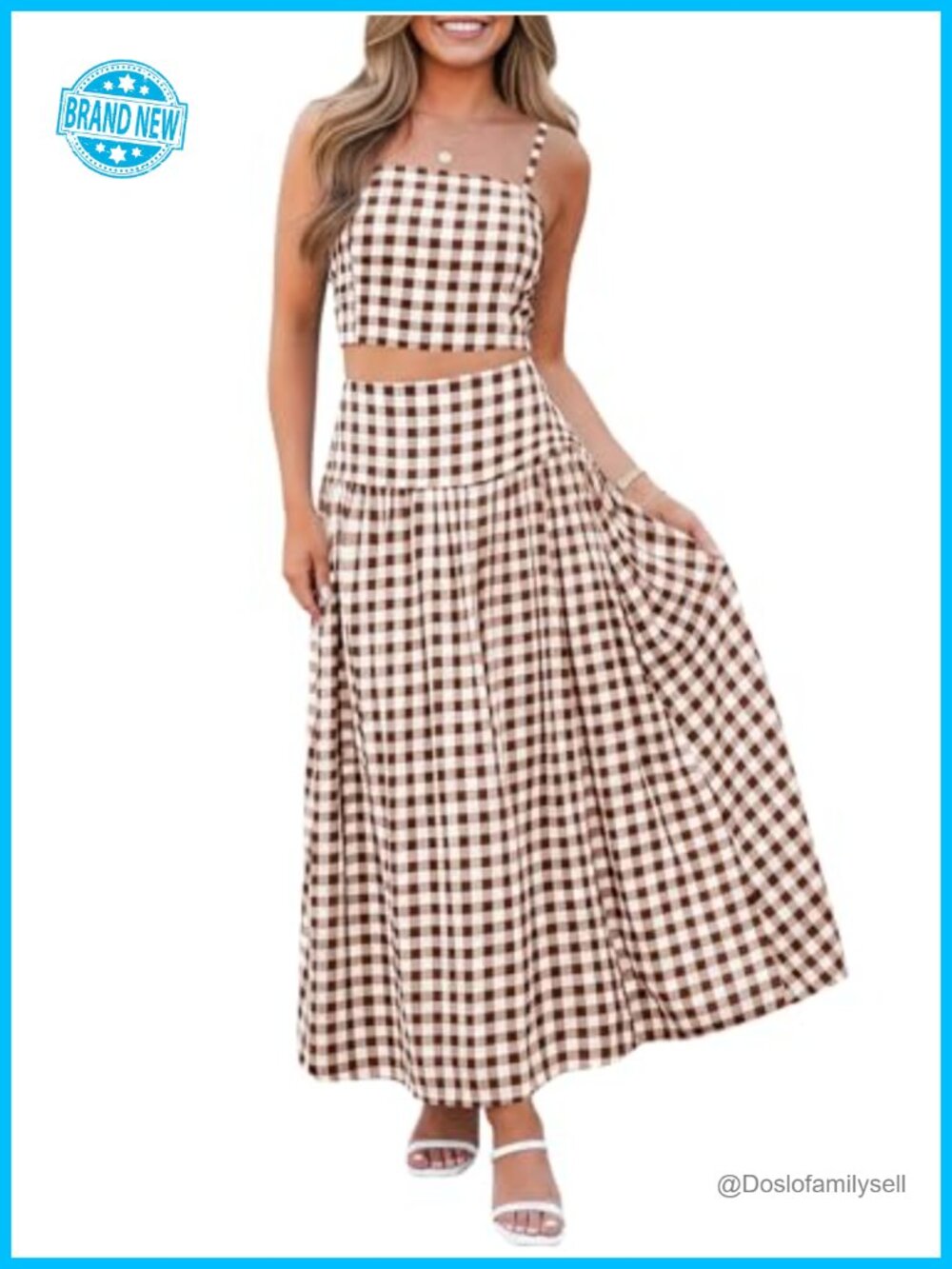 Womens 2 Piece Skirt Set Gingham Crop Top Midi A-Line Summer Outfit